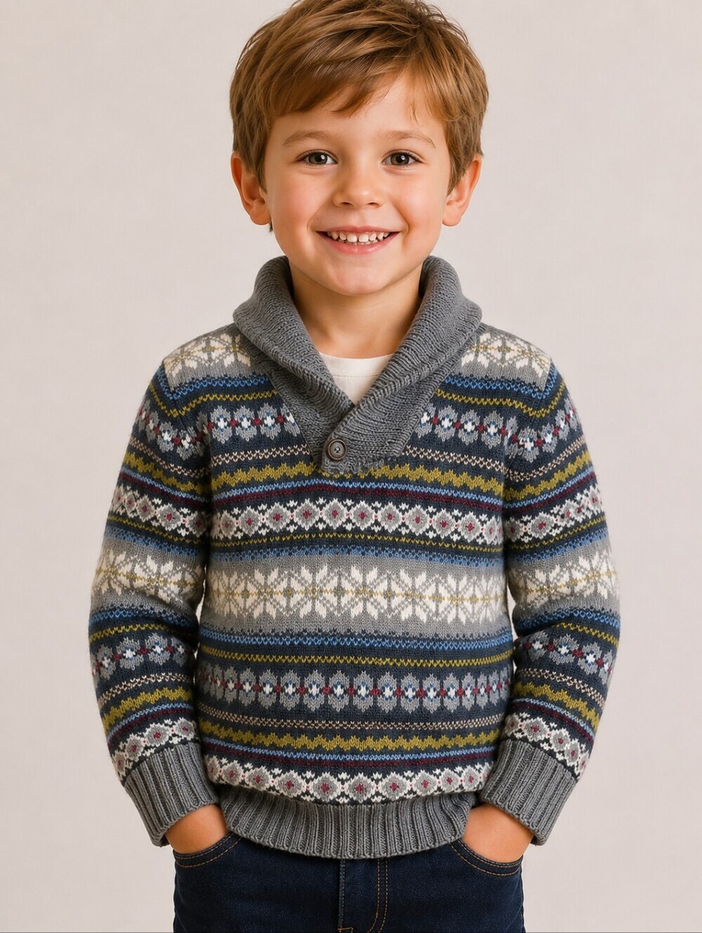 Janie and Jack Gray Fair Isle Shawl Collar Wool Blend Sweater